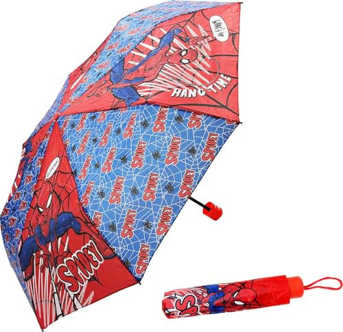 Clondo Faltbarer Regenschirm für Kinder, offener Durchmesser 80 cm, kompakt und leicht, ideal auch für die Schule, tragbar für Tasche und Rucksack, Spiderman Rot