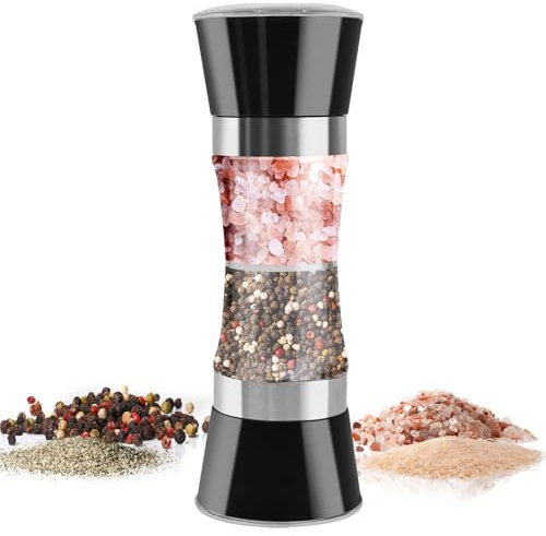 Cyiecw 2 in 1 Salz und Pfeffermühle, Manuell Salt and Pepper Grinder, Plastic Gewürzmühle mit einstellbarer keramischer Mühle, Nachfüll Chilimühle Salzmühle (Schwarz)