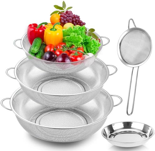 POKIENE Colander Stainless Steel, Metal Colander Strainer Set of 5, 2/3/4 Quart Colanders with Handle, Metal Sieve & Disc, for Kitchen Pasta/Vegetable/Rice/Fruit/Food, Dishwasher Safe