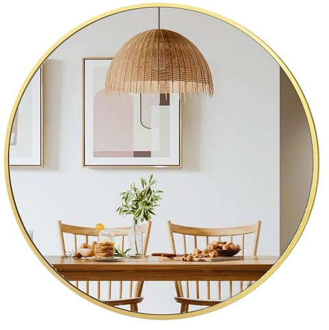 Umzodo 71,1 cm großer runder Wandspiegel, gebürstetes Messing, goldfarbener Metallrahmen, runder Spiegel für Badezimmer, Waschtisch, Schlafzimmer, Dekoration, Wohnzimmer, Eingangsbereich