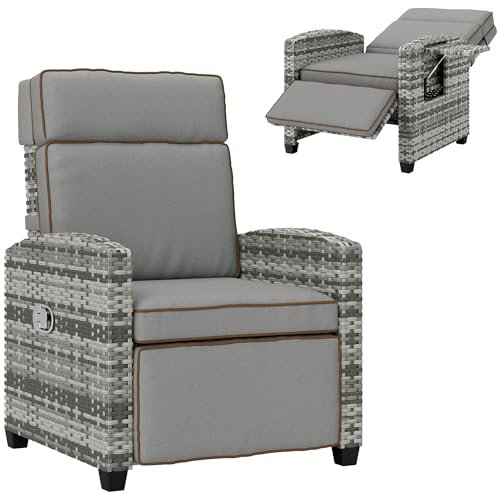 Outsunny Rattan Garden Recliner Chair, Adjustable Backrest Reclining Rattan Chair with Flip Table, Cushion and Footrest, Indoor Outdoor Lounge Reclining Sun Lounger for Patio, Mixed Grey/Grey
