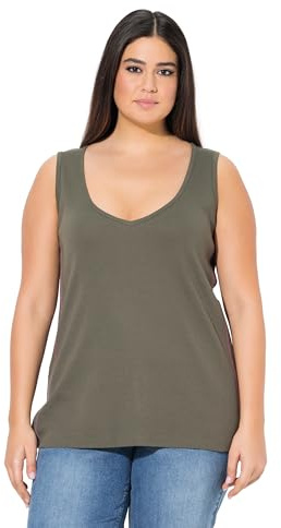 Ulla Popken Damen große Größen Übergrößen Plus Size Top, Rippjersey, Slim, V-Ausschnitt, ärmellos olivgrau 54+ 837975200-54+