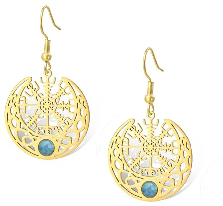 Nordische Wikinger Ohrringe Edelstahl Kompass Vegvisir Dangle Mondsichel mit Türkis Keltischer Knoten Talisman Amulett Schmuck