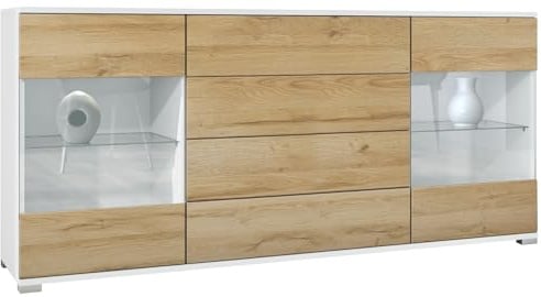 Vladon Sideboard Bari V2, Kommode mit 2 großen Türen und 4 Schubladen, Weiß matt/Eiche Natur (166,5 x 75,5 x 35)