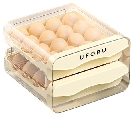 Huevera Para Refrigerador, 32 Rejillas/2 Capas, Caja de Huevos para Nevera, Cajón Caja de Almacenamiento para Huevos, Cajón Porta Huevos,Transparente, Crema
