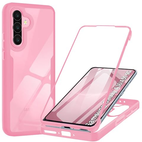 Hülle Kompatibel mit Samsung Galaxy A36/A56 5G 360 Grad Stoßfest Schutzhülle Rundumschutz Case mit Eingebautem Displayschutz Robust Bumper Durchsichtig Handyhülle für Samsung A36/A56 5G, Rosa