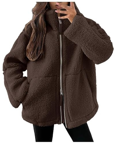 Generisch Teddyjacke Damen Winter Teddyfleece Jacke Doppelschieber Reißverschluss Winterjacke Thermal Teddy Wintermantel Einfarbig Revers Fleecejacke Flauschig Plüschjacke Outdoor Fleecemantel