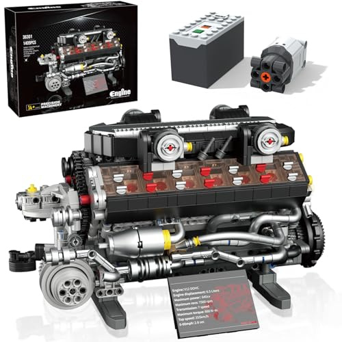V12 Engine Building Set for Adults and Teens 14+, 1409 PCS Motorized Mechanical Engineering Model Kit That Runs, MOC Engine Toy with Battery Box and Motor, Compatible with Lego, STEM Gift for Men