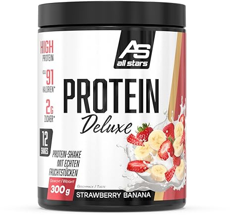 ALL STARS Protein Deluxe Whey Proteinpulver 300g, Strawberry Banana | 3-Komponenten Eiweißpulver, Whey Protein Pulver mit Keksstücken, unter 100 kcal, 2g Zucker, hoher Proteingehalt