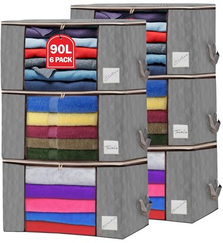 Clothes Storage Bags with Zips 90L Large Capacity Foldable Breathable Storage Boxes with Thick Reinforced Handles Transparent Window Storage Bags for Toys, Clothing, Bedding, Blankets (Grey, 6 pack)
