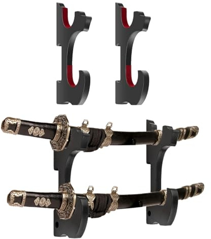YUVKIN Doppel-Lagerung Holz Wandhalterung für Schwerter, innen gepolstert mit rotem Samt, ideal für Katanas, Lichtschwerter, Samurai-Schwerter und andere Schwerter