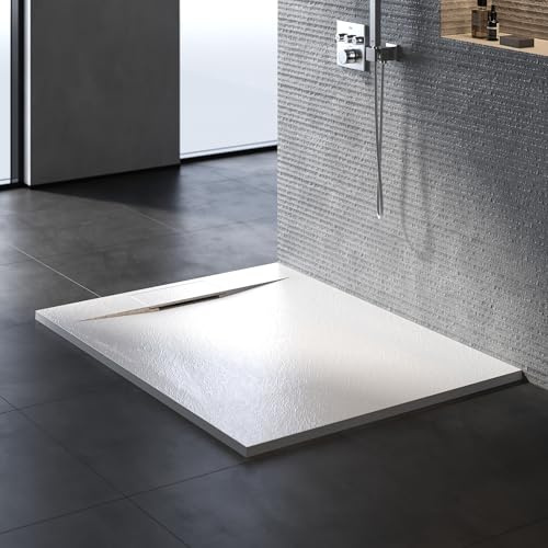 SONNI Duschwanne 140x90 cm, 32 mm Extra Flach, Weiß, SMC, Ohne Siphon | Duschtasse, Schieferoptik, Extra flache, Rutschfeste Struktur, Ohne Siphon, moderner Badezimmerstil