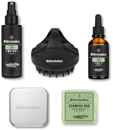 Störtebekker® Premium Hair Booster Set – Rosmarinöl, Rosmarinwasser, Soap Box, festes Shampoo & Scalp Brush für Haare & Kopfhaut– Natürliches Haaröl & Feuchtigkeitsspray – Rosmarin-Haarpflegeset vegan