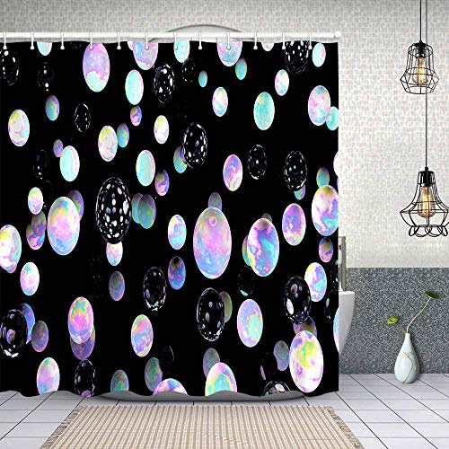 Rideau de Douche Tissu Polyester,Bulles holographiques sur Illustration Noire,Rideau de Douche Imperméable avec 12 pcs Crochets 180x180cm