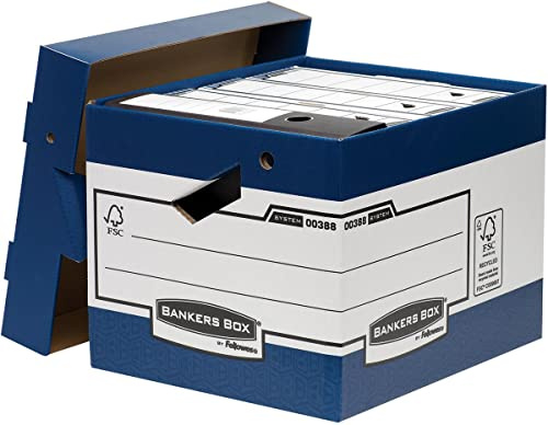 Fellowes 0038801 Caisse D Archivierung, schwere Belastung mit ergonomische Griffe Banker Box System – Montage Automatische – Weiß/Blau (10 Stück)