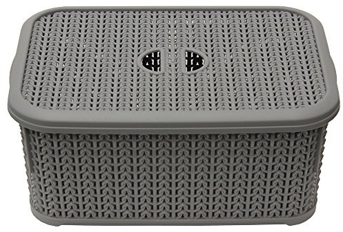 JVL 13-356GY Knit Design Loop Plastic Lidded Rectangular Storage Basket with Handles, Grey, 20 x 28.5 x 12.5 cm, 6 Litres