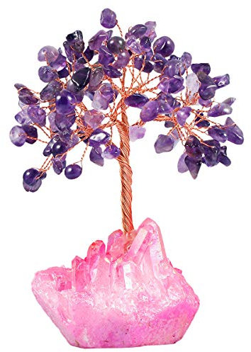 mookaitedecor Kristall Baum, Kristalle Quartz-Sockel Bonsai Baum für Reichtum und Glück Amethyst Crystal Tree/Fuchsia Titanium Crystal Base