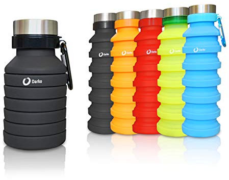Darko - Botella de silicona plegable, 550 ml con gancho, ecológico, sin BPA, hermético, senderismo, camping, correr, senderismo, a prueba de golpes, Negra