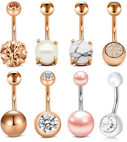 Incaton 8stk Bauchnabelpiercing Barbell 14 Gauge Edelstahl Rose Gold Piercing Schmuck Set