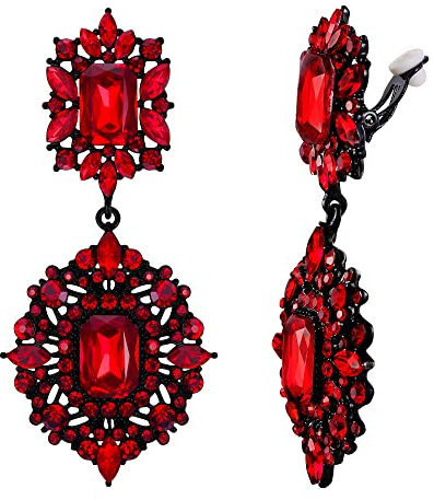 EVER FAITH Ohrclips Art Deco Vintage-Stil Party Gatsby Baumeln Chandelier Clips on Ohrringe für Damen Rot Schwarz-Ton-Ton