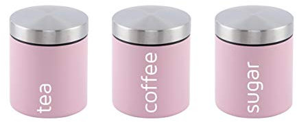 SQ Professional Stainless Steel Tea Coffee Sugar Canisters Sets of 3 Tea Caddy Sets for the Kitchen Storage Pots Jars Tea and Sugar Containers Pink (Appleblossom)