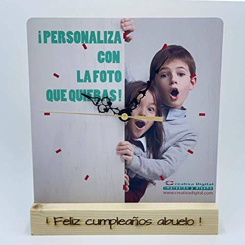 CREATIVA DIGITAL IMPRESION Y DISEÑO Reloj Personalizado con tu Foto Impresa en Madera | Grabado Láser en la Base | 20 x 35 cm | 100% a tu Gusto | Acrílico y Madera