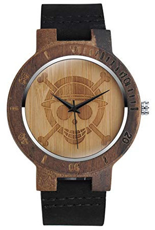 MicLee Herren Damen Unisex Bambus Totenkopf Schädel Holzuhr Analog Quarzwerk Armbanduhr mit Lederband Für Frauen Männer Geschenke