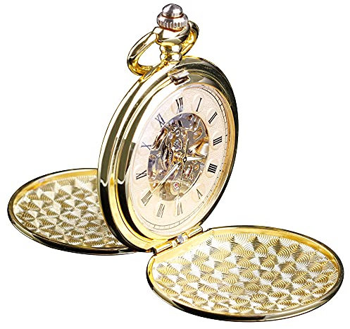 Tiong Double Hunter Mechanische Taschenuhr, luxuriös, silberfarben, für Herren und Damen, stilvoll, Retro, Taschenuhr, Handaufzug, Bräutigam, Trauzeugen, Hochzeit, Taschenuhr, Geschenk mit Box, gold,
