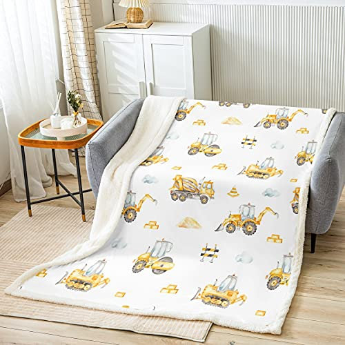 Loussiesd Kinder Niedlich Bagger Kuscheldecke Jungen Fahrzeuge LKW Auto Wohndecke Maschinen Bulldozer Kran Stil Decke 75x100cm Baustelle Flanell Fleecedecke Gelb Weiß Zimmer Dekor
