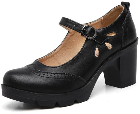 DADAWEN Womens Mid Block Heel Ankle Strap Court Shoes Comfort Work Office Mary Jane Pumps Black 6 UK