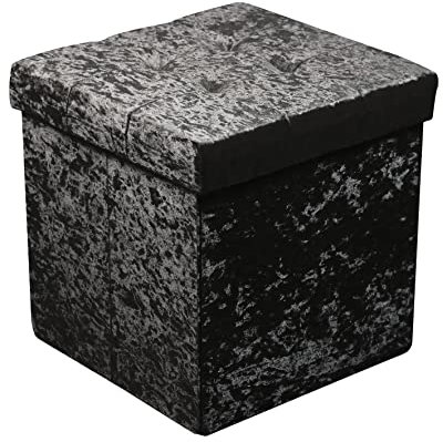 HomeHarmony® Crushed Velvet Quilted Top Folding Storage Ottoman Seat, Stool, Toy Storage Box (Medium Black)