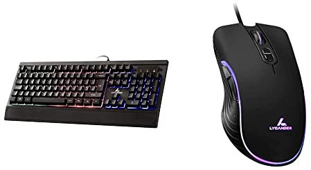 LYCANDER Gaming Keyboard UK, Wired USB Keyboard - 19 anti-ghosting keys, 1.8m cable, rainbow backlight & Gaming Mouse, Wired Optical USB Mice with Adjustable dpi up to 6400, 7 Buttons, LED, 1.5M Cable