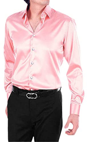 Chemise de luxe en satin soyeux pour homme, coupe ajustée, manches longues, style décontracté, pour spectacle, danse, fête, mariage, rose, S
