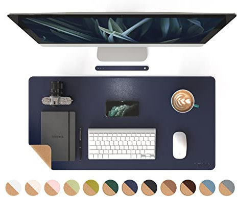 RENMTURE Doppelseitiges Mauspad, Naturkork und PU-Leder, große Schreibtischunterlage für Büro und Heimarbeit, Schreibtischschutz, rutschfest, wasserdicht, leicht zu reinigen (Dunkelblau, 80 x 40 cm)