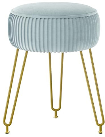 IBUYKE Velvet Round Footrest, Makeup Vanity Stool Side Table, Velvet Dressing Table Seat, Pouf Couch Stool, Golden Steel Legs, Light Blue L/G-30H