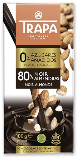 TRAPA 0% AZÚCARES AÑADIDOS | Tableta de Chocolate Negro 80% con Almendras | Tableta de 100 g, Sin Gluten