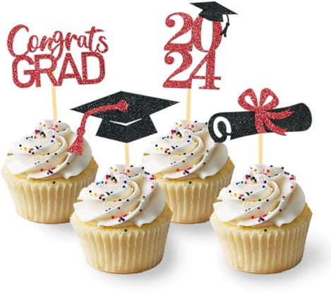 24 Stück Glitzer 2025 Graduation Cupcake Toppers, Abschlussfeier Cupcake toppers, Bachelor Hut Deko, Abschluss Deko für Graduation Abschlussparty Dekoration (schwarz & rot)