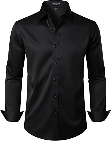 LucMatton Herrenhemd, formell, dehnbar, knitterfrei, langärmelig, schmale Passform, Button-Down-Shirt, für Hochzeit, Party, Schwarz, L