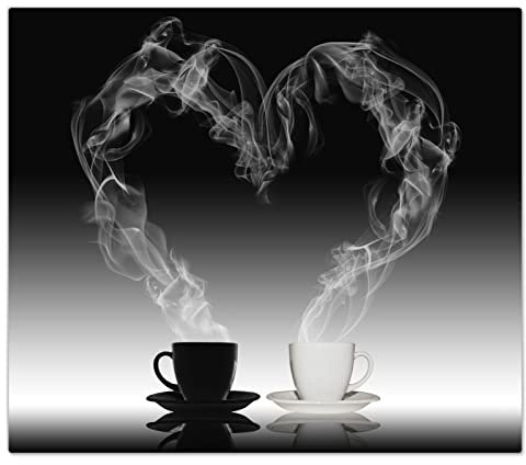 DecoCat Herdabdeckplatte Ceranfeld 60x52 cm Einteilig Herz Kaffetassen Schwarz-weiß (00448) Schneideplatte Glas Kochfeldabdeckung Herdabdeckung Induktionsschutz