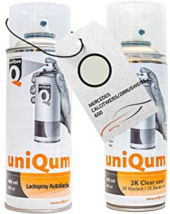 UniQum Autolack + Klarlack 2K Spraydose fürs Auto für MERCEDES CALCITWEISS/ZIRRUSWEISS 650 Autolack Reparatur 2 x 400 ml