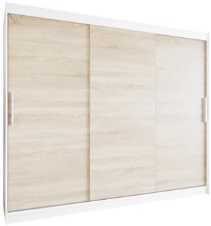 Easy4You L2 250 cm Weiß/Sonoma Schiebetüren Kleiderschrank 250x215x58 cm Schlafzimmermöbel, Aufbewahrung - Mehrzweckschrank - Farbe: Weiß/Sonoma