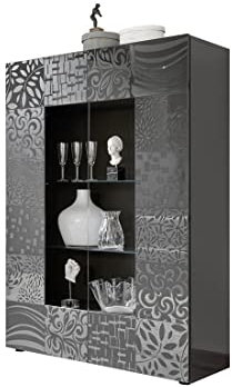 Tousmesmeubles Vitrine 2 Portes Laqué Gris Brillant + LED's - Bari - L 121 x l 42 x H 166 cm - Neuf