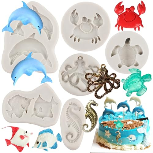 MYPRACS Meeresschildkröten Silikonformen Delfin Fondantform Set von 6 | Seepferdchen Krabbe Oktopus Schokoladenform für Zuckerkuchen Dekoration Cupcake Topper Süßigkeiten Polymer Clay Gum Paste
