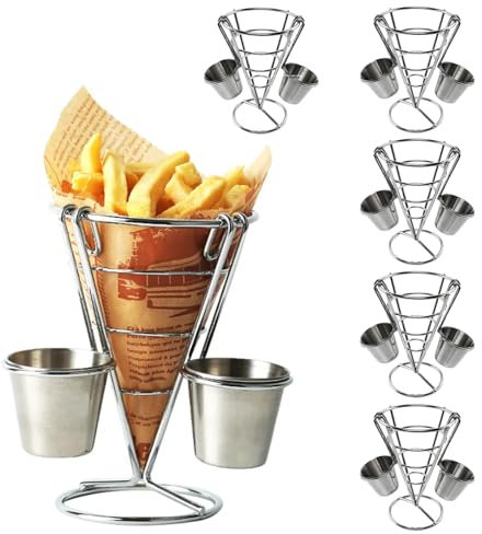 Aisny 6er Set Pommeshalter Edelstahl, Pommestüten Halter mit Dip Schalen Abnehmbar, Pommes Korb & Dipschalen Set, Fingerfoodhalter Pommes Körbchen, Pommes Ständer, HD 14,5 x 10cm