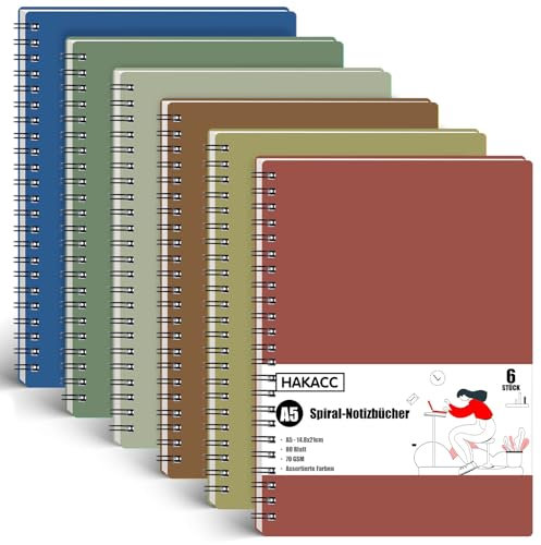 HAKACC A5 Liniert Notizbuch, 480 Blatt/960 Seiten Notizblock, Hardcover Spirale Notizbuch für Reisen Büro Schulbedarf 15 x 20,5 cm 6 Stück 6 Farben (80 Blatt Pro Stück)