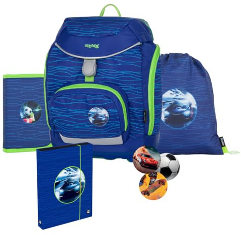 OXY BAG Sherpy Schulranzen set für Kinder 1.–3. Klasse | Anatomisch Geformter Rucksack mit Federmappe, Turnbeutel & Austauschbaren Patches | 5tlg, 26L, 950g, Polyester | Mit Reflektierenden Elementen