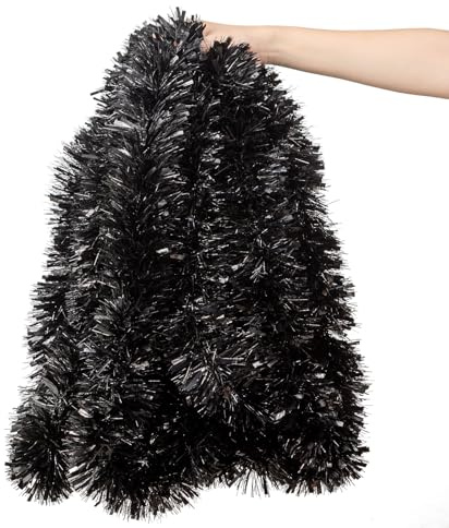 Jocomoni 10 m lange schwarze Weihnachts-Lametta-Girlande, metallische gedrehte Lametta-Girlande, hängende Dekoration für Halloween, Weihnachtsbaum, Kamin, Kaminsims, Heim-Party-Dekoration