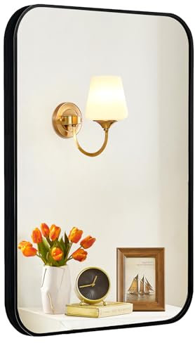 Espejo de baño para pared sobre el fregadero, 20 x 28 pulgadas, espejo grande para dormitorio o sala de estar, espejo colgante negro para casa de campo moderno espejo rectangular enmarcado