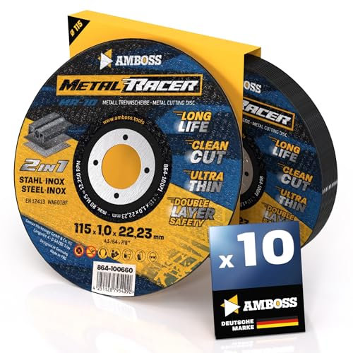Disque a tronconner 115 metal (10 pièces) - Ø115x1x22.23mm - Disque a tronconneuse metaux Metal Racer by AMBOSS WERKZEUGE - Disque meuleuse 115 pour acier, acier inoxydable et meuleuse angulaire