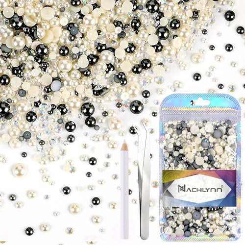 NACHLYNN 60g Mix Pearls and Rhinestones for Crafts Flatback Rhinestones Half Round Mixed Size 3mm-10mm Flatback Pearls for Crafts DIY Nail Art Shoes Clothes Tumblers Mugs (Silver White)